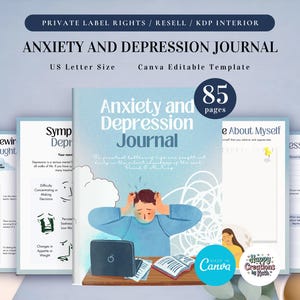 Diario de ansiedad y depresión (PLR) para uso comercial, plantilla imprimible y editable, diario de salud mental, hoja de trabajo sobre ansiedad.