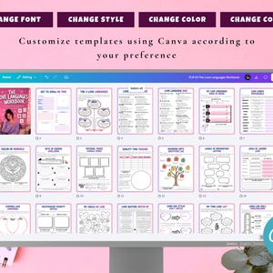 May include: A computer monitor displays a digital workbook titled "The Love Languages Workbook." The screen shows various pages with text and graphics. Above the screen are text boxes that read "CHANGE FONT", "CHANGE STYLE", "CHANGE COLOR", and "CHANGE COVER". The Canva logo is visible.