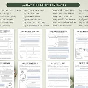 May include: A set of 20-day life reset templates, featuring a dark green header with white text. The templates include prompts for daily tasks like cleaning your space, resetting priorities, and reflecting. The pages are white with black text and illustrations.