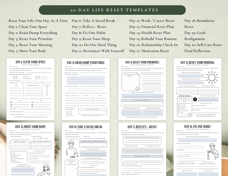 May include: A set of 20-day life reset templates, featuring a dark green header with white text. The templates include prompts for daily tasks like cleaning your space, resetting priorities, and reflecting. The pages are white with black text and illustrations.