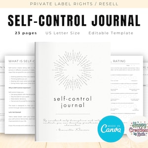 Puede incluir: Un diario de autocontrol con el texto "SELF-CONTROL JOURNAL" y "23 pages US Letter Size Editable Template". El diario tiene una cubierta blanca con un diseño de rayos de sol y las palabras "self-control journal". Varias páginas abiertas son visibles.
