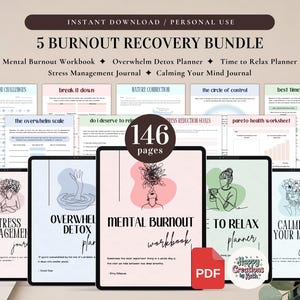 5 Burn-outherstelbundels voor persoonlijk gebruik | Afdrukbaar en digitaal pdf-gebruik | Werkbladen voor stressverlichting | Geestelijke burn-out | Overweldigende detox