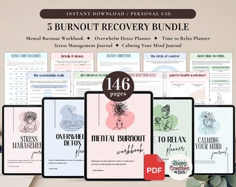 5 Burnout Recovery Bundle for Personal Use | PDF Printable and Digital Use | Stress Relief Worksheets | Mental Burnout | Overwhelm Detox