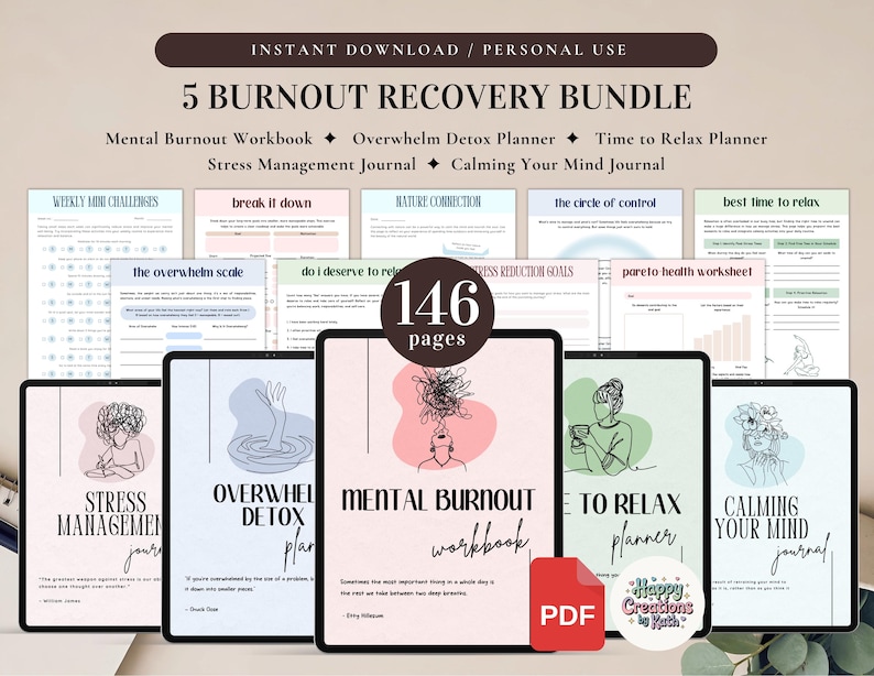 5 Burnout Recovery Bundle for Personal Use | PDF Printable and Digital Use | Stress Relief Worksheets | Mental Burnout | Overwhelm Detox