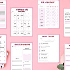 May include: A collection of pink and white self-care journal pages. The pages include prompts for monthly reflection, self-assessment, a 30-day self-care challenge, a self-love checklist, self-love affirmations, moving forward, my legacy, and weekly gratitude.