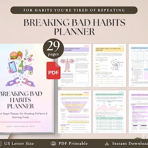 Może przedstawiać: 29-stronicowy planer Breaking Bad Habits Planner w formacie PDF i rozmiarze US Letter. Okładka zawiera ilustracje burgera, papierosa, telefonu, butelki i kontrolera do gier z zerwanymi łańcuchami. Zawiera strony do mapowania pętli nawyków, anatomii złych nawyków, radzenia sobie z pragnieniami oraz oceny siły nawyków.