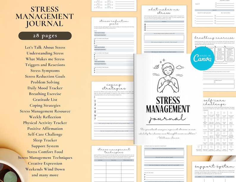 May include: A stress management journal with a white cover featuring a line drawing of a person. The journal includes sections on stress reduction, coping strategies, and self-care. The journal is 28 pages long.