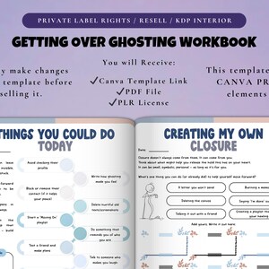 Puede incluir: Un cuaderno de trabajo titulado "Getting Over Ghosting" con un dise&ntilde;o azul claro y morado. El cuaderno de trabajo incluye indicaciones para la autorreflexi&oacute;n y la creaci&oacute;n de un cierre. El texto incluye "Canva Template Link", "PDF File" y "PLR License".