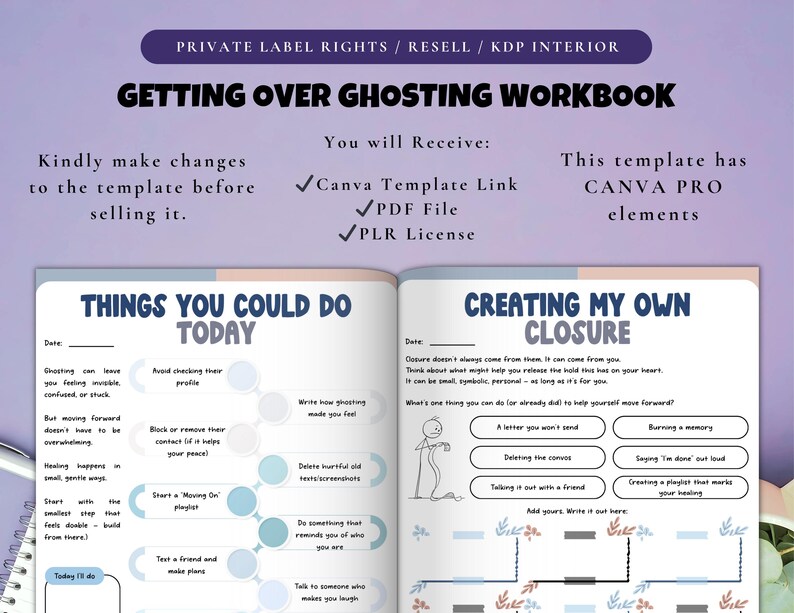 Puede incluir: Un cuaderno de trabajo titulado "Getting Over Ghosting" con un dise&ntilde;o azul claro y morado. El cuaderno de trabajo incluye indicaciones para la autorreflexi&oacute;n y la creaci&oacute;n de un cierre. El texto incluye "Canva Template Link", "PDF File" y "PLR License".