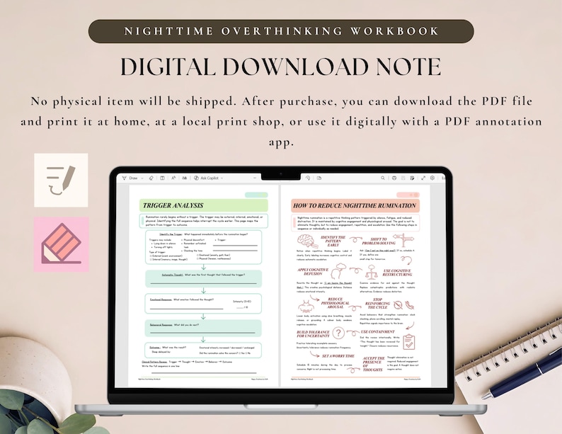 May include: A digital workbook titled Nighttime Overthinking Workbook displayed on a laptop screen. The pages feature sections for Trigger Analysis and How to Reduce Nighttime Rumination with text, icons, and fillable fields for mental health tracking.