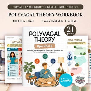 Puede incluir: Una plantilla de libro de ejercicios de la Teoría Polivagal de 21 páginas en tamaño carta estadounidense. La portada muestra a una persona sentada en una alfombra, rodeada de una planta, una lámpara e iconos. El texto incluye 'Polyvagal Theory Workbook'.