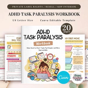 May include: An ADHD Task Paralysis Workbook digital template with 20 pages in US Letter size. The cover features a person at a desk with a laptop, clock, and scattered papers, with the text ADHD TASK PARALYSIS Workbook and Make Hard-to-Start Tasks Feel Simpler and More Approachable.