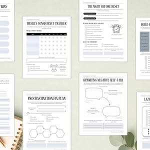 May include: A collection of printable planner pages with various layouts. The pages include sections for tracking weekly consistency, planning the night before, building a morning routine, and rewriting negative self-talk. The pages are white with black text and some blue accents.