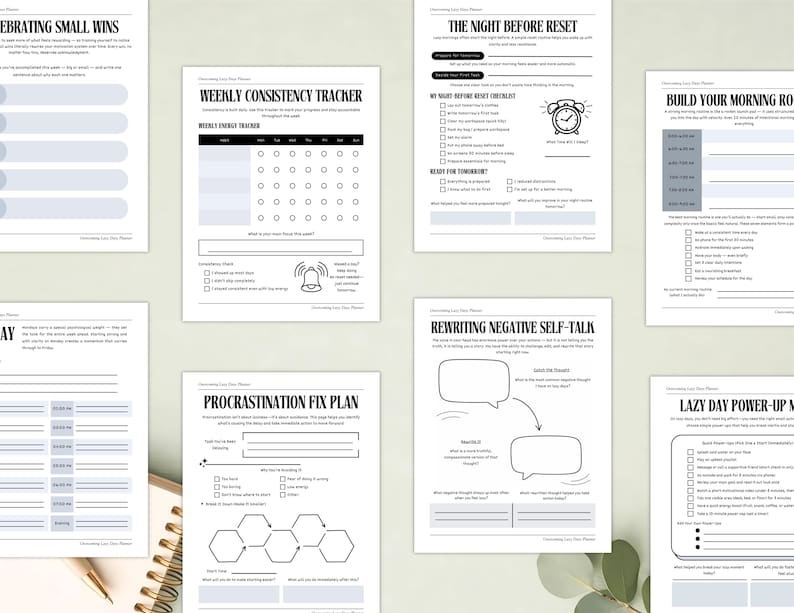 May include: A collection of printable planner pages with various layouts. The pages include sections for tracking weekly consistency, planning the night before, building a morning routine, and rewriting negative self-talk. The pages are white with black text and some blue accents.
