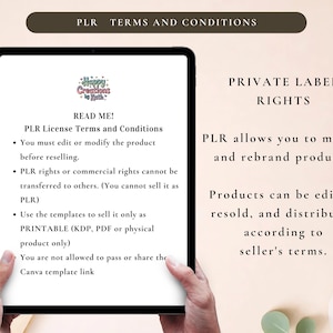 May include: A tablet displaying "PLR Terms and Conditions" with text about private label rights. The tablet is held by hands, with a pen and notepad visible. The text explains the terms for modifying and reselling products.