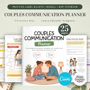 Könnte beinhalten: Ein 25-seitiges Vorlagen-Set für einen Paarkommunikationsplaner im US-Letter-Format. Das Deckblatt zeigt eine Illustration eines Paares auf einem Teppich mit dem Text Couples Communication Planner. Enthält Seiten zu Kommunikationsstilen und Gesprächsangeboten.