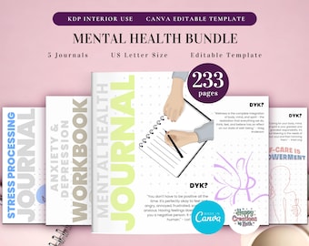 Mental Health Journal Bundle for KDP Interior Printable Journal and Editable Template in Canva Anxiety and Depression Journal Stress Journal