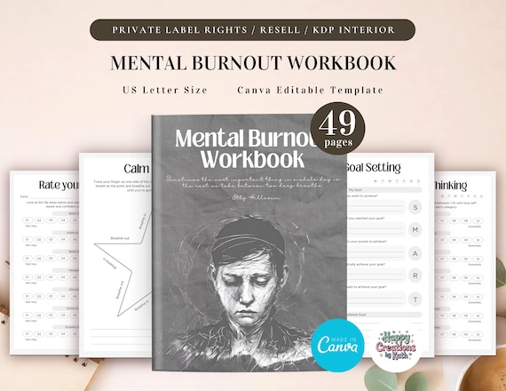 PLR Mental Burnout Workbook for Commercial Use, Printable and Editable Canva Template, Stress Management, Wellness Journal