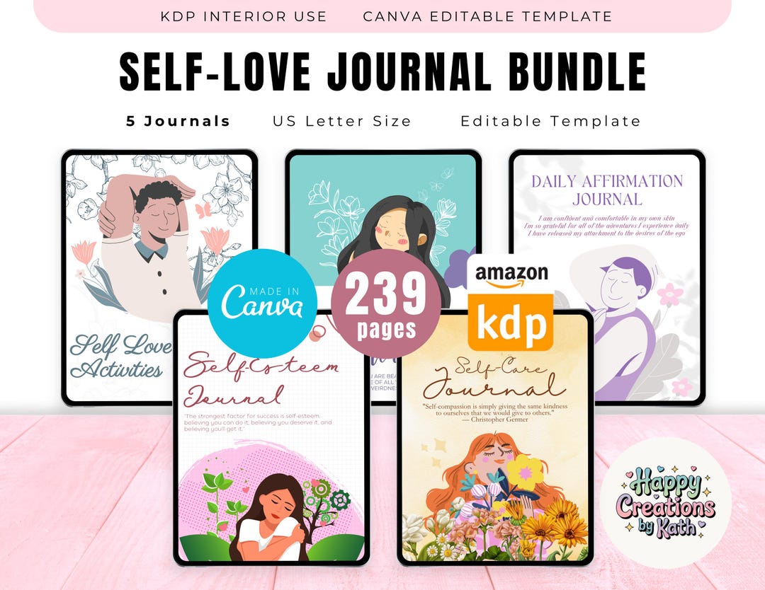 Self Love Journal Bundle Printable and Canva Editable Template for KDP ...