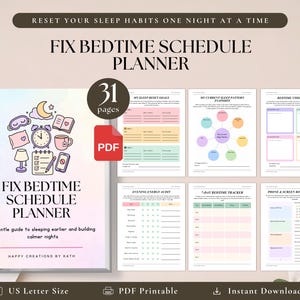 Può includere: Un pianificatore PDF digitale intitolato "Fix Bedtime Schedule Planner" con 31 pagine. La copertina presenta illustrazioni di una luna, una sveglia e altre icone legate al sonno. Il pianificatore è progettato per dormire prima e costruire notti più tranquille.