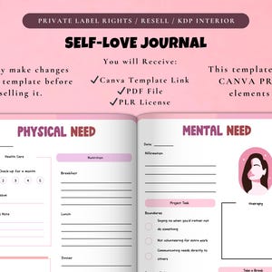 May include: A pink and white self-love journal template with sections for physical and mental needs. The journal includes prompts for health care, nutrition, affirmations, and project tasks. The text includes "Canva Template Link", "PDF File", and "PLR License".