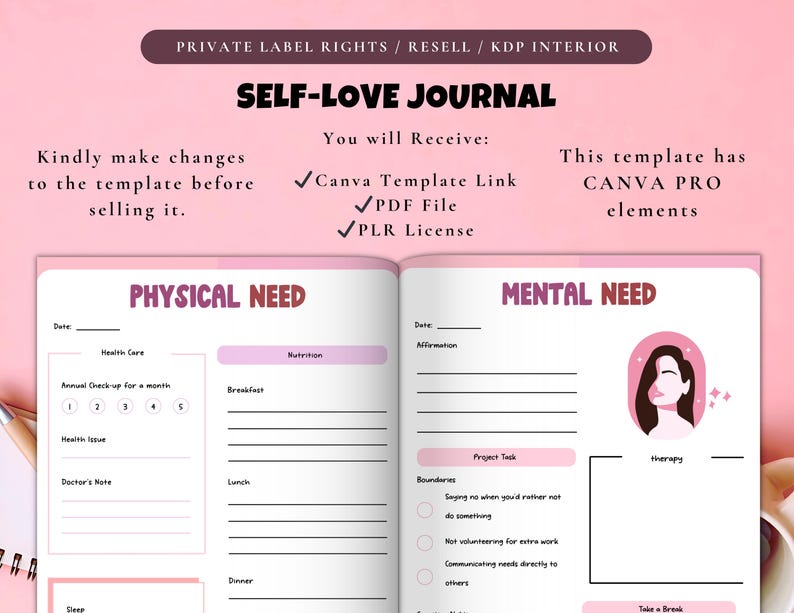 May include: A pink and white self-love journal template with sections for physical and mental needs. The journal includes prompts for health care, nutrition, affirmations, and project tasks. The text includes "Canva Template Link", "PDF File", and "PLR License".