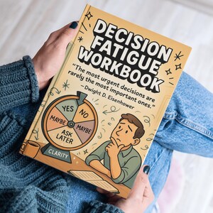 May include: A workbook titled "Decision Fatigue Workbook" with a cartoon illustration of a man pondering. The cover features a decision wheel with options like "Yes," "No," and "Maybe." The quote "The most urgent decisions are rarely the most important ones" is also visible.