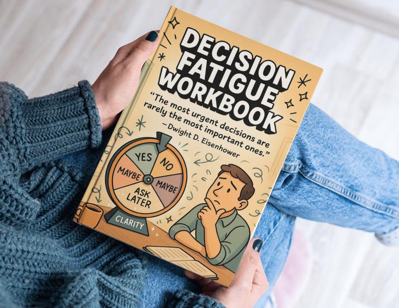 May include: A workbook titled "Decision Fatigue Workbook" with a cartoon illustration of a man pondering. The cover features a decision wheel with options like "Yes," "No," and "Maybe." The quote "The most urgent decisions are rarely the most important ones" is also visible.
