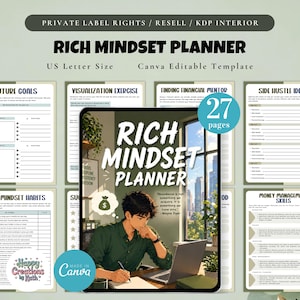 PLR / Återförsälj Rich Mindset Planner, Utskrivbar och Canva-redigerbar mall, Planner för förmögenhet och framgång, Finansiell tillväxt