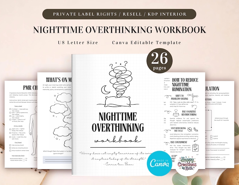 Zeszyt ćwiczeń PLR Nighttime Overthinking do użytku komercyjnego, szablon do druku i edycji | Dziennik lęku przed snem zdjęcie 1