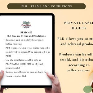 May include: A tablet displays text about PLR (Private Label Rights) terms and conditions. The screen shows "Read Me!" and bullet points detailing usage restrictions. The background is a light beige with a small plant in a white pot.