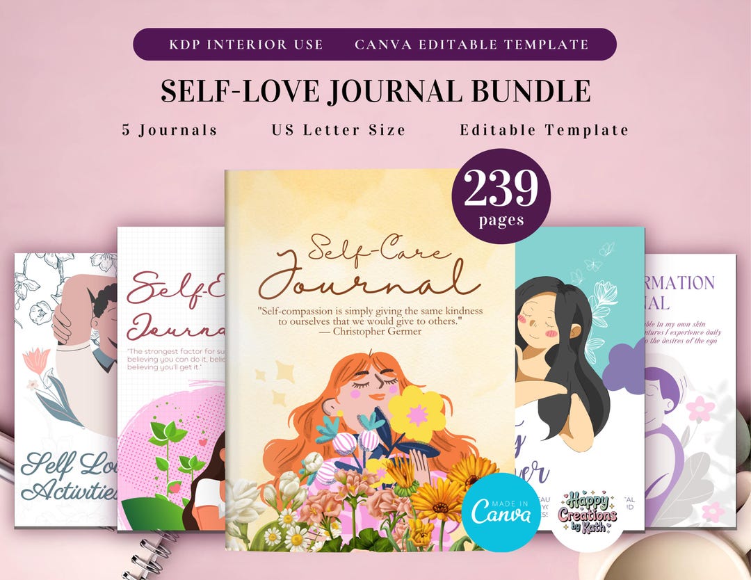 Self Love Journal Bundle Printable and Canva Editable Template for KDP ...