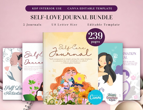 Self Love Journal Bundle Printable and Canva Editable Template for KDP Interior,  Self Care Journal, Beauty Planner, Affirmation Journal