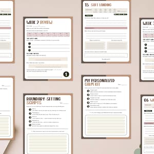 May include: A collection of beige and white journal pages with text and prompts. The pages include titles like "Week 2 Review", "My Personalized Calm Kit", and "Boundary-Setting Scripts". The layout features a mix of text fields, checkboxes, and numbered lists.