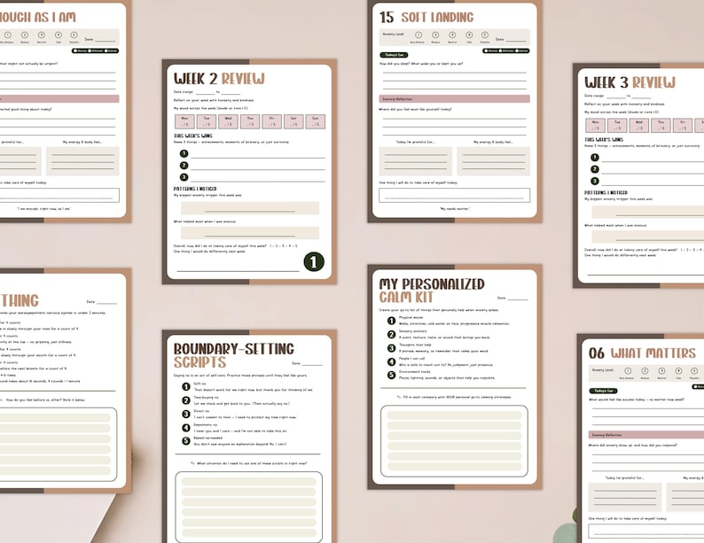 May include: A collection of beige and white journal pages with text and prompts. The pages include titles like "Week 2 Review", "My Personalized Calm Kit", and "Boundary-Setting Scripts". The layout features a mix of text fields, checkboxes, and numbered lists.