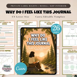 May include: A journal titled "Why Do I Feel Like This Journal" with a cover illustration of a person writing by a river in a forest. The journal includes pages for self-reflection and emotion mapping. The journal is US Letter size and Canva editable.
