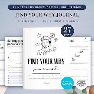 Diario PLR "Encuentra tu porqué" para uso comercial. Diario imprimible y plantilla editable. Diario de propósito de vida. Diario "Encuéntrate a ti mismo".