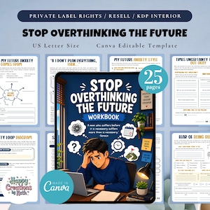May include: A workbook titled "Stop Overthinking the Future" with a cover illustration of a person at a laptop. The image includes the text "US Letter Size" and "Canva Editable Template". The workbook has 25 pages.