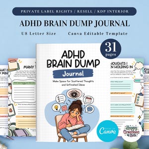 May include: An ADHD Brain Dump Journal template with 31 pages in US Letter size. The cover features a cartoon illustration of a person writing in a notebook, surrounded by thought bubbles, with the text ADHD BRAIN DUMP Journal and Make Space for Scattered Thoughts and Unfinished Ideas.