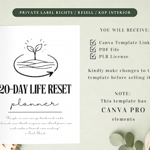 May include: A white planner titled "20-DAY LIFE RESET planner" with a black line art design of a plant growing from the ground. The text "PRIVATE LABEL RIGHTS / RESELL / KDP INTERIOR" is at the top. The planner includes a quote by Carl Bard.