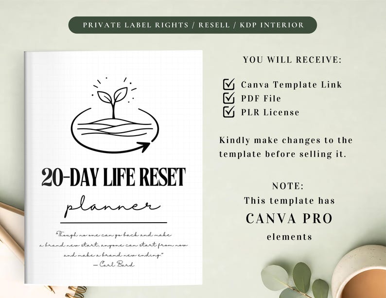 May include: A white planner titled "20-DAY LIFE RESET planner" with a black line art design of a plant growing from the ground. The text "PRIVATE LABEL RIGHTS / RESELL / KDP INTERIOR" is at the top. The planner includes a quote by Carl Bard.