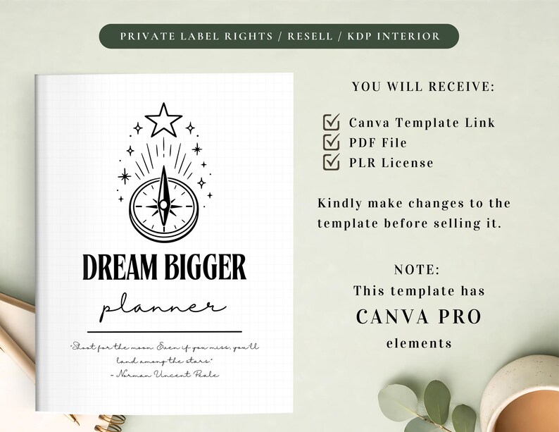 PLR Dream Bigger Planner for Commercial Use, Printable and Editable Template, Dream Life Planner, Goal Planner, Vision Planner