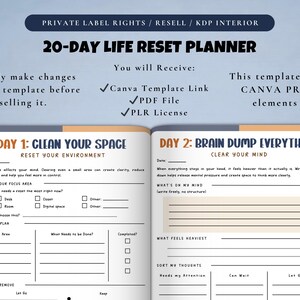 Op de afbeelding: Een 20-daagse Life Reset Planner met een blauw en oranje ontwerp. De planner bevat secties voor het schoonmaken van je ruimte en het leegmaken van je geest. De tekst bevat "Private Label Rights" en "Canva Template Link".