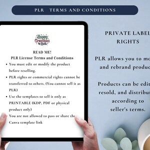 Op de afbeelding: Een digitale tablet toont "PLR Terms and Conditions" en "Private Label Rights". Het scherm toont tekst over het wijzigen en doorverkopen van producten, met een logo "Happy Creations by Ruth". De tablet wordt door handen vastgehouden.