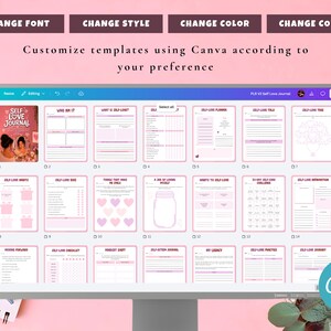 May include: A computer screen displays a digital self-love journal template. The journal pages are light pink with purple accents. The cover of the journal is visible, featuring the title "Self Love Journal" and an illustration of a woman.