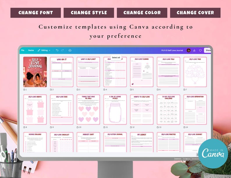 May include: A computer screen displays a digital self-love journal template. The journal pages are light pink with purple accents. The cover of the journal is visible, featuring the title "Self Love Journal" and an illustration of a woman.