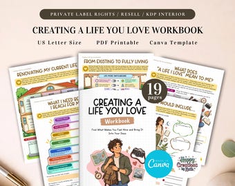 Op de afbeelding: Een 19-pagina tellend Creating a Life You Love werkboek met US Letter formaat PDF printbare en Canva sjabloon. De omslag toont een illustratie van een persoon met een rugzak en camera, met binnenpagina's vol prompts en diagrammen.