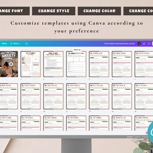 May include: A computer monitor displays a digital template for a high-functioning anxiety journal. The template includes various pages with prompts and sections for self-reflection. The text "Customize templates using Canva according to your preference" is visible.