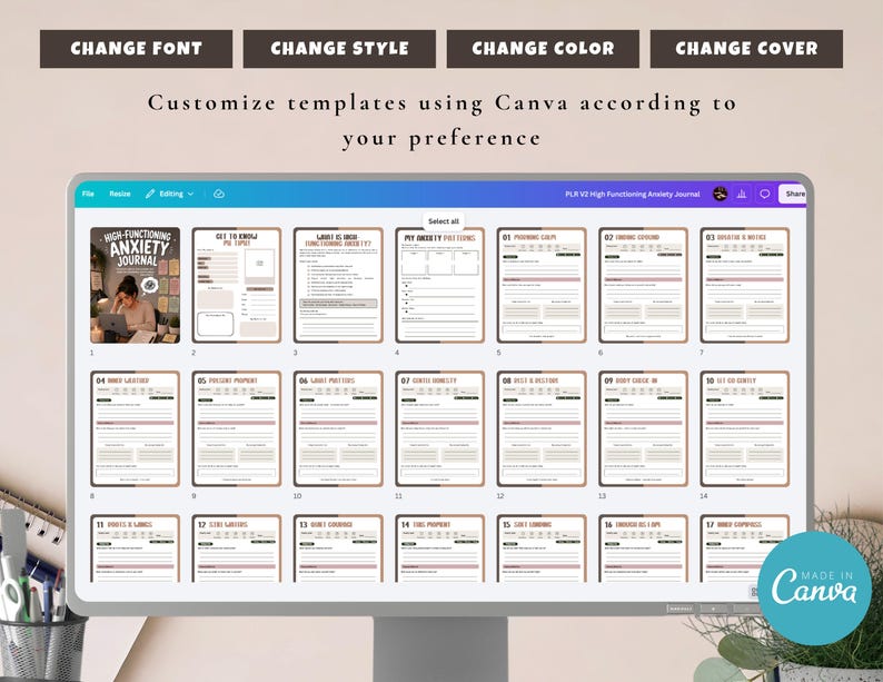 May include: A computer monitor displays a digital template for a high-functioning anxiety journal. The template includes various pages with prompts and sections for self-reflection. The text "Customize templates using Canva according to your preference" is visible.
