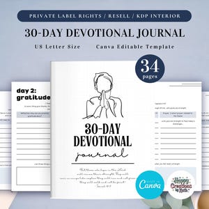 Diario devocional temático de 30 días (PLR) para uso comercial, plantilla imprimible y editable, diario de oración, diario bíblico, escrituras